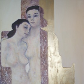 Acrylgemälde von zwei Frauen vor einem gold und violetten Hintergrund, inspiriert von der Sage über Artemmis 
      und Kallisto aus der griechischen Mythologie